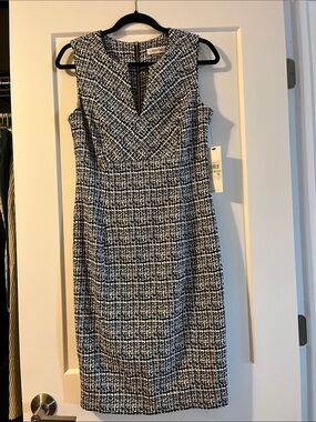 Calvin Klein Black and White Tweed Sheath Midi Dress